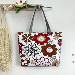 Floral Tote Bag - Red, Brown, and White